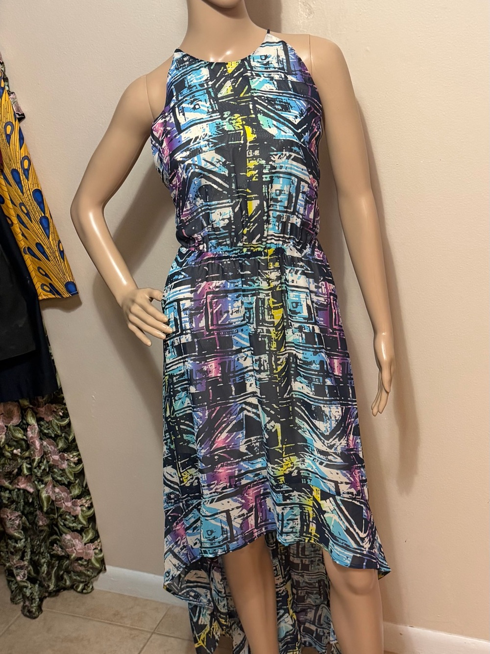 L'Amour Black Abstract High-Low Dress with Blue, Pink & Yellow Accents